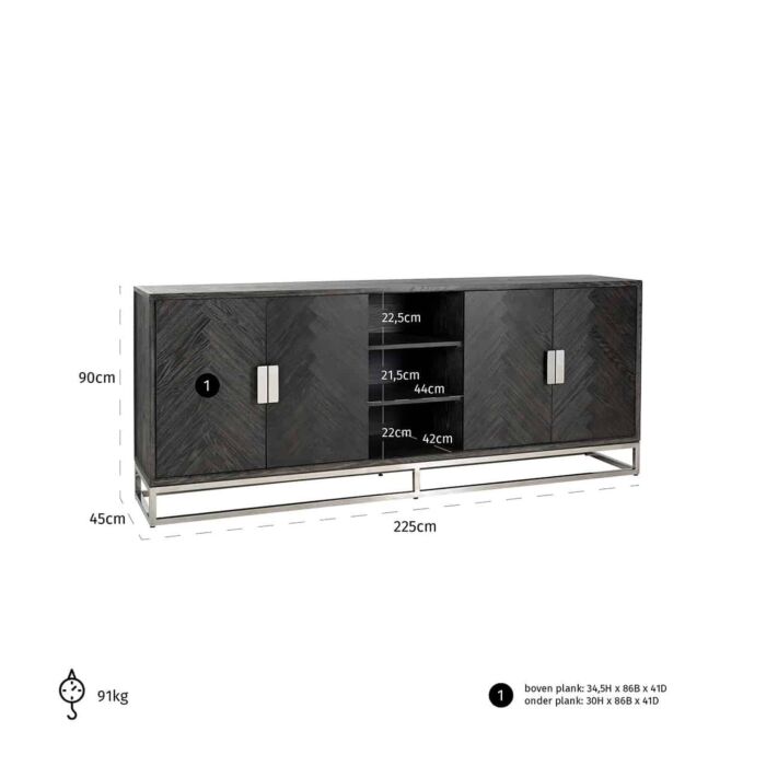 Dressoir Blackbone silver 4-deuren + open vak