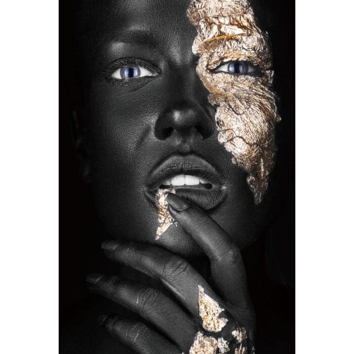 Glasschilderij Women Face Black Gold