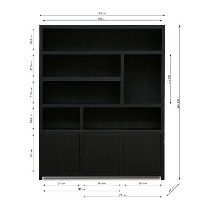 Boekenkast Diamond Zwart 180cm Eiken