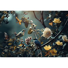 Glasschilderij Vogels & Bloemen