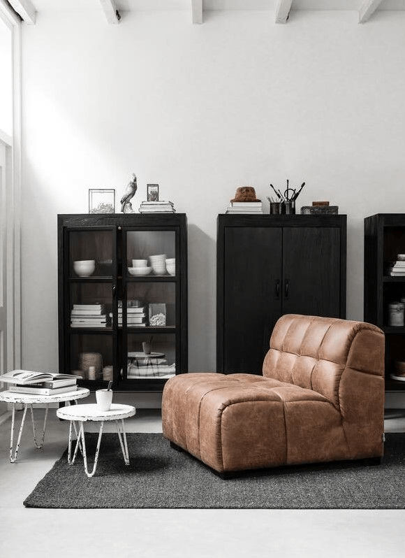 Zwarte kasten en cognac fauteuil